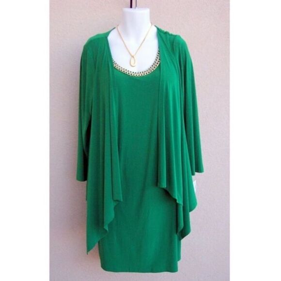 Dress Barn Women's 16 Kelly Green Holiday Dress Layered Chain Lagenlook Flowy - Picture 1 of 11